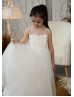 Ivory Shiny Lace Tulle Cute Flower Girl Dress With Detachable Train